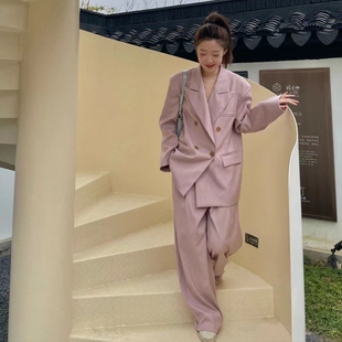 春款女装2026年新款小香风网红炸街粉色休闲时尚西装外套两件套装
