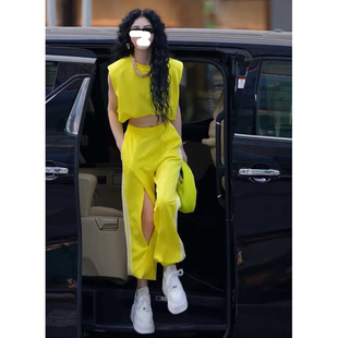 运动套装女夏季新款薄款时尚修身黄色休闲上衣束脚裤两件套高级感