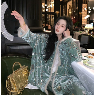 国风小洋装 新中式 绿色丝绒外套两件套 裙女秋冬季 今年流行漂亮套装