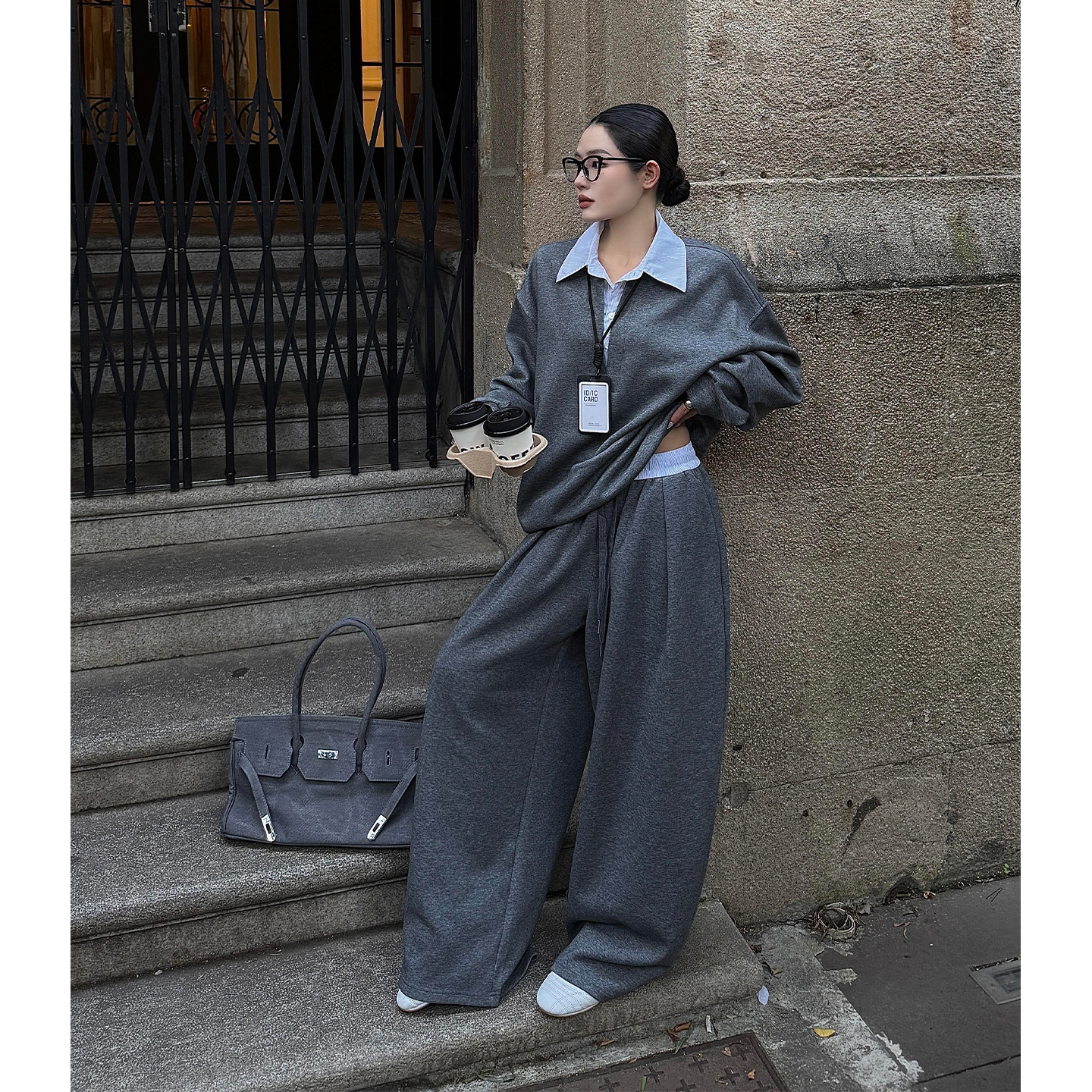 美式潮牌设计感假两件卫衣套装女