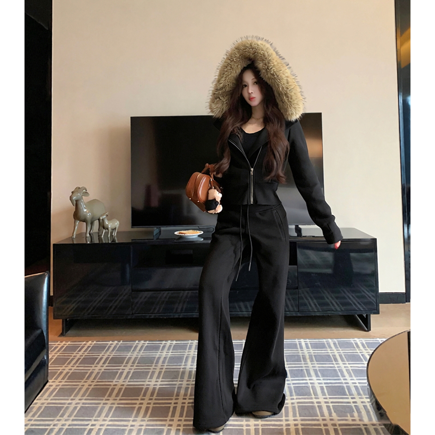 韩系穿搭高级感毛领卫衣套装秋冬