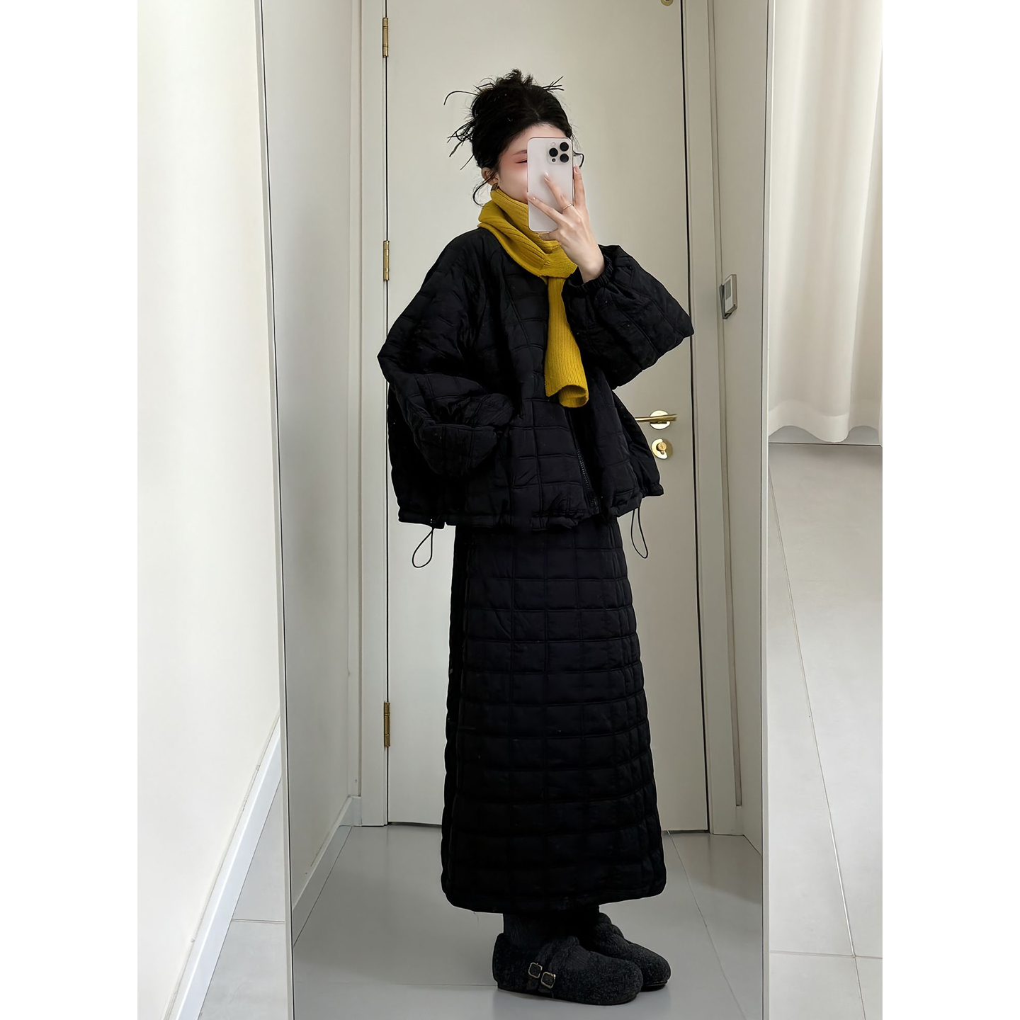 秋冬复古夹棉菱格外套半身裙套装