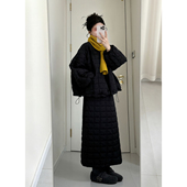 2026超火穿搭一整套韩系高级感黑色菱格夹棉外套半身裙两件套冬装