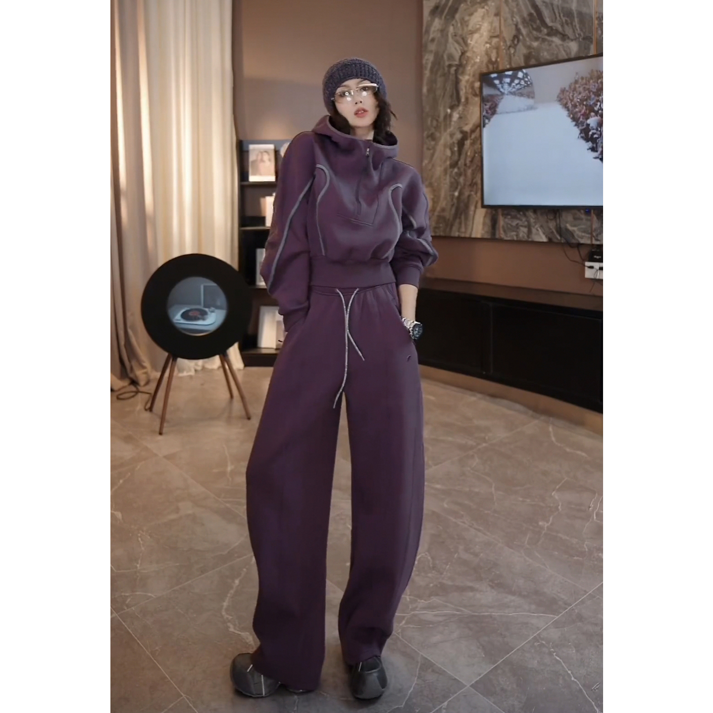 巨好看的紫色加绒卫衣运动套装冬