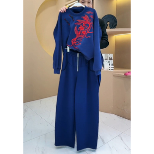 新中式 国风高级感蓝色加绒卫衣卫裤 女秋冬新款 运动休闲套装 两件套