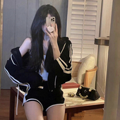 辣妹吊带背心高腰短裤 休闲潮牌连帽卫衣时尚 两件套 女夏季 运动套装