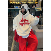 加绒加厚一整套独特漂亮羊羔毛连帽卫衣红色休闲运动裤 两件套冬装