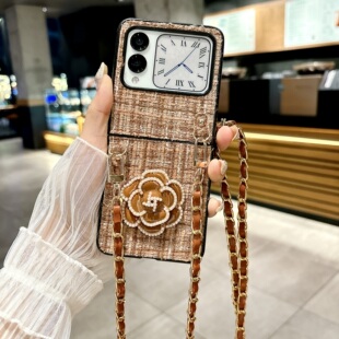 适用华为novaflip手机壳女生斜挎可背新款折叠屏Nova Flip小香风绒布时尚全包防摔保护套山茶花挂绳外壳网红