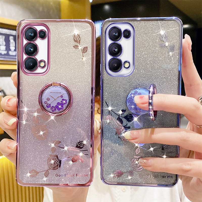 适用玫瑰花水钻透明opporeno5手机壳女款reno5k高档奢华渐变镜头全包高端闪粉网红爆款女神款软壳reno5pro潮