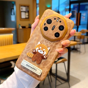 适用华为Mate80RS手机壳新款卡通刺绣猫mate80rs非凡大师潮流豹纹皮美拉德棕素皮外壳5g带支架防摔保护套女款