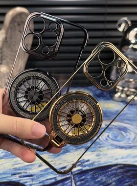 适用电镀无边框iphoen15pro手机壳解压旋转陀螺支架苹果14promax女外壳13pro全包镜头15简约透明11超薄12半包
