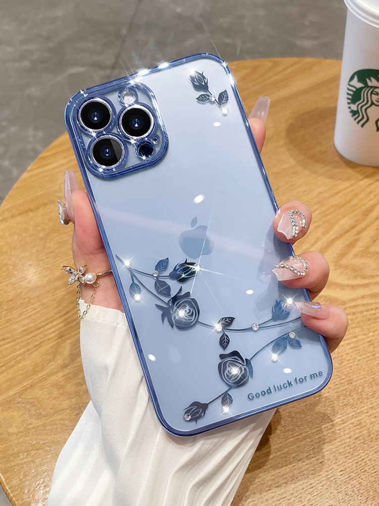 适用水钻玫瑰花苹果14promax手机壳新款情侣iPhone14小众14pro全包透明电镀苹果14max高级感女神14保护套
