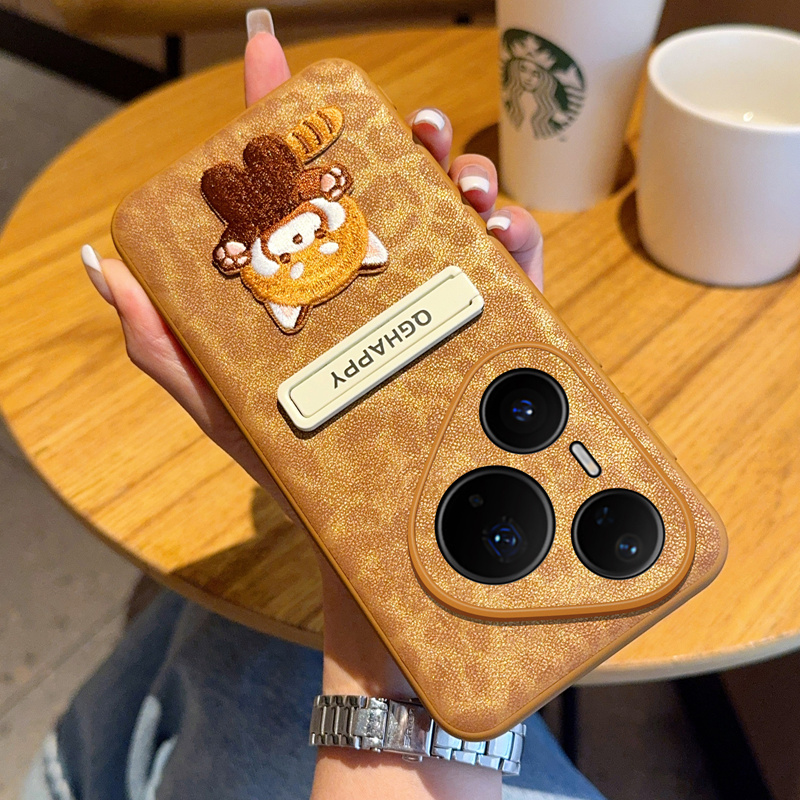 适用华为pura80手机壳新款卡通刺绣猫Pura70pro+潮流豹纹皮美拉德棕p80ultra素皮外壳5g带支架防摔保护套女