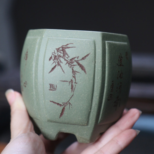 紫砂花盆刻绘小盆手工盆景盆绿泥降坡泥苏兵名家盆六方形宫灯盆