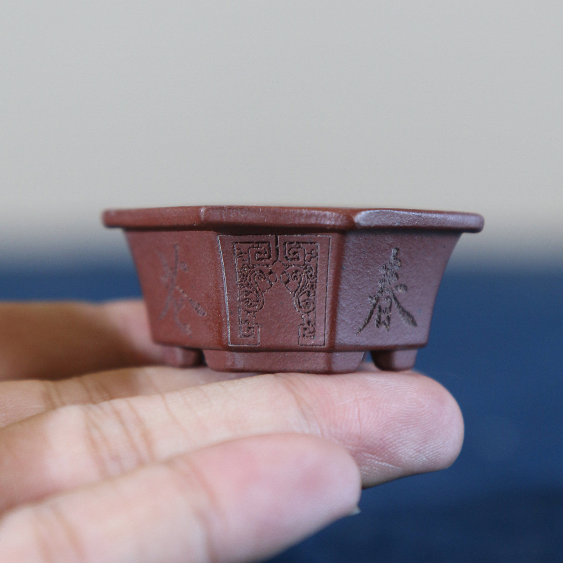 紫砂花盆微型迷你六棱六边手工刻绘盆景盆菖蒲盆特小拇指盆