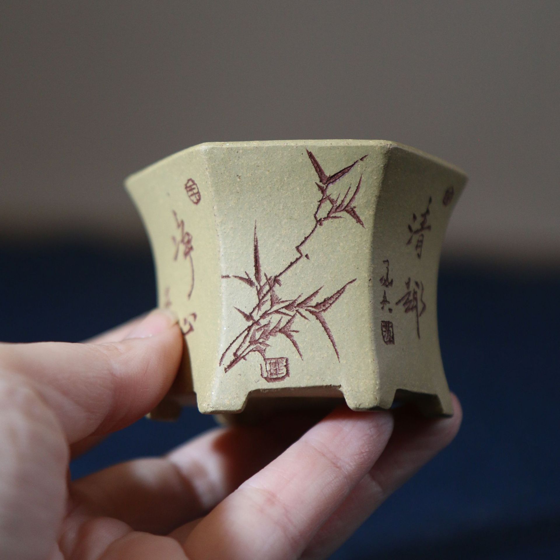 紫砂花盆六方形六角形手工盆景盆苏兵微型盆迷你掌上盆栽刻绘