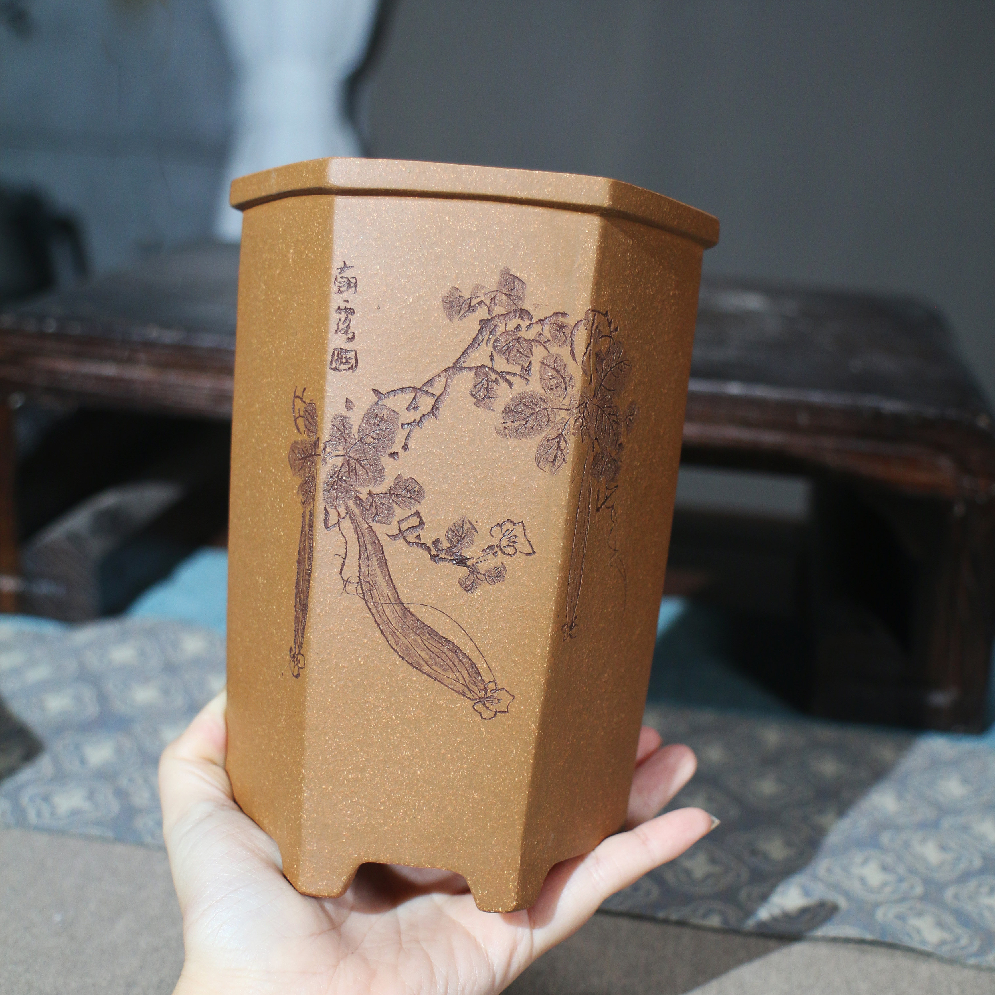 紫砂花盆六方形六角形苏兵名家盆降坡泥刻绘兰花盆桌面盆栽兰盆