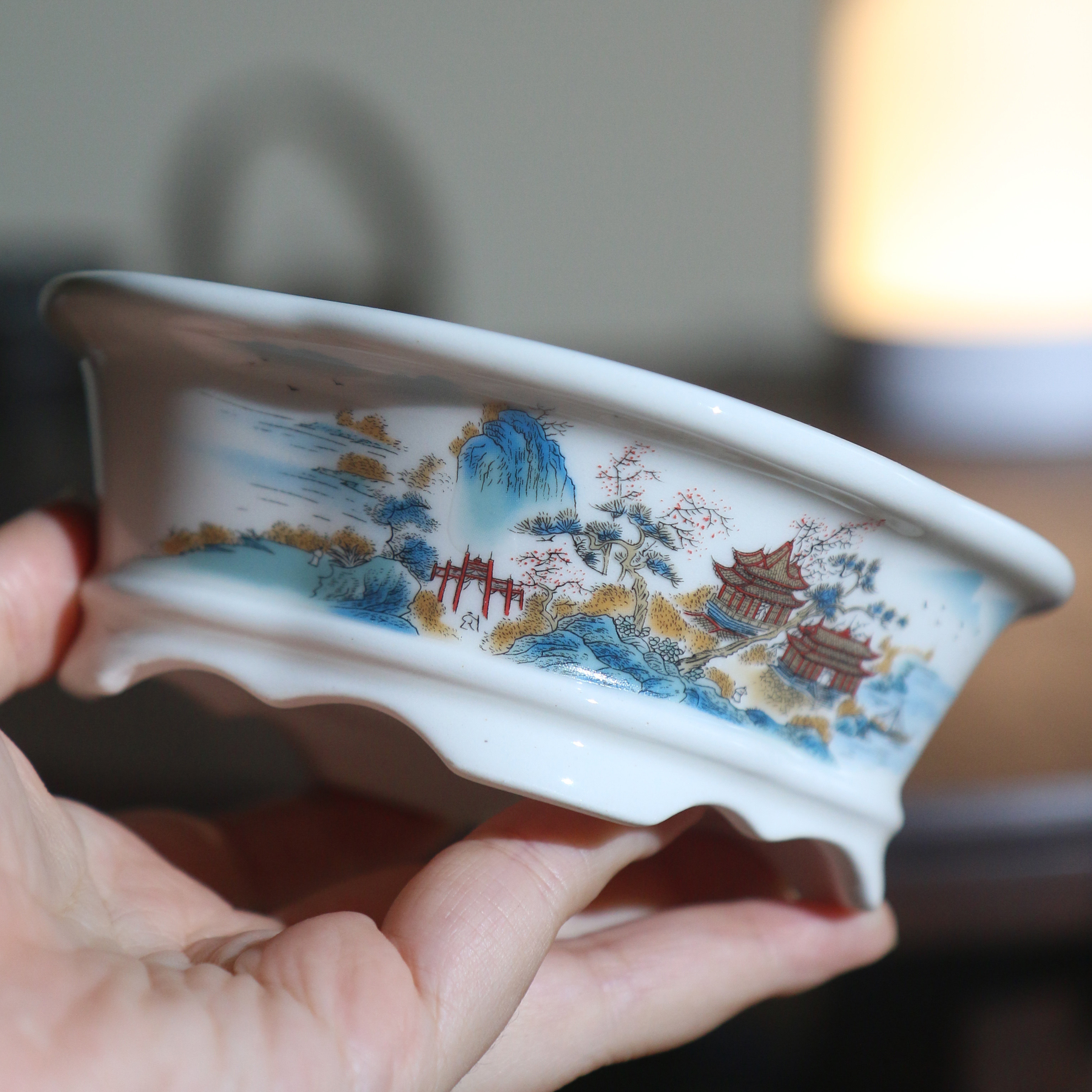 紫砂花盆陶瓷贴花手绘彩绘山水盆景盆小木瓜海棠中国风古典盆栽