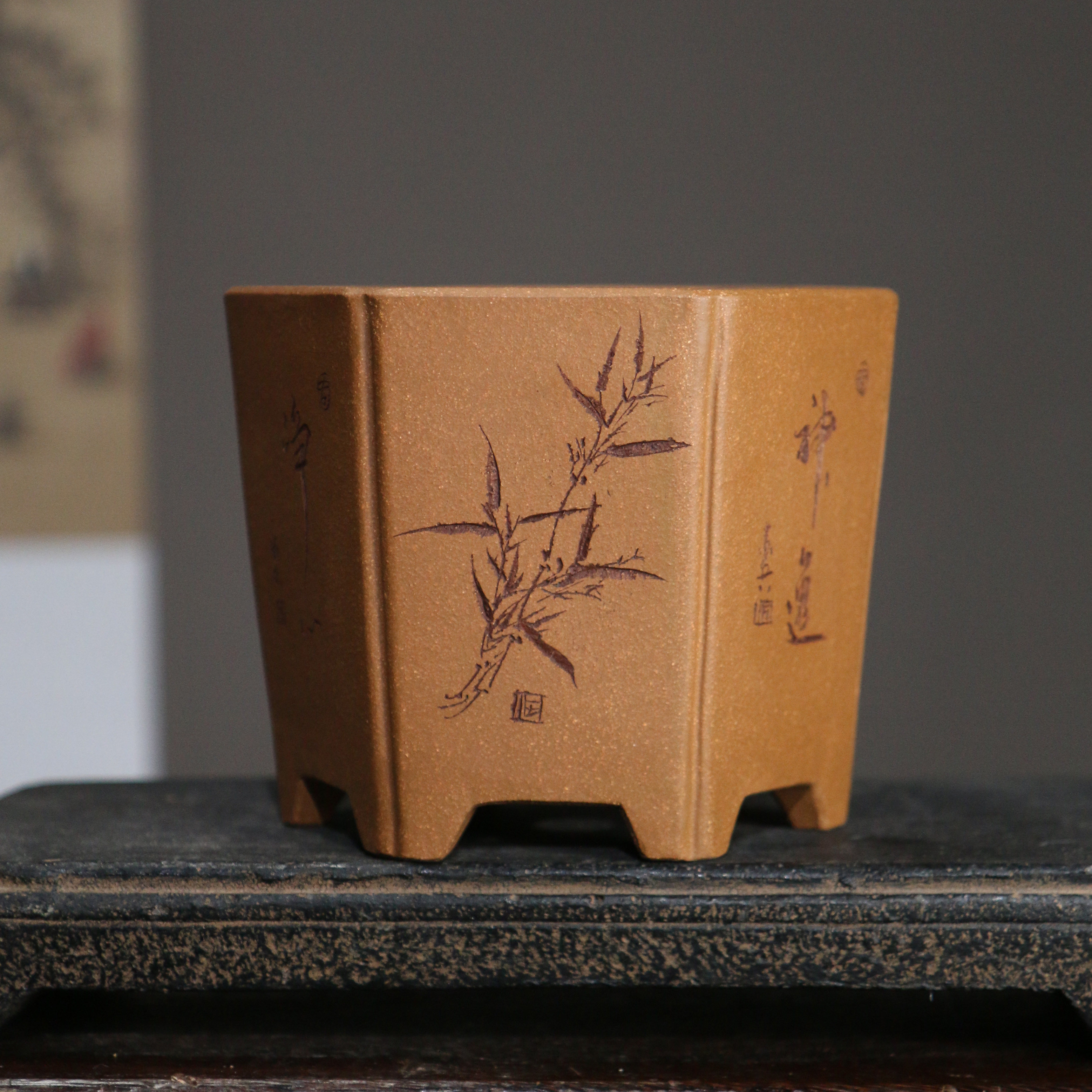 紫砂花盆六方形六角形名家盆苏玲刻字盆菖蒲盆桌面盆栽觅陶乡