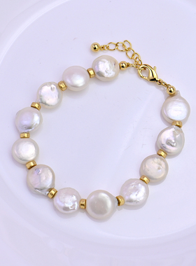 复古天然扁圆形珍珠设计多坠手链