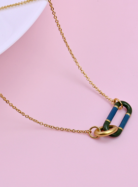珐琅釉彩拼色亚光金做旧设计项链