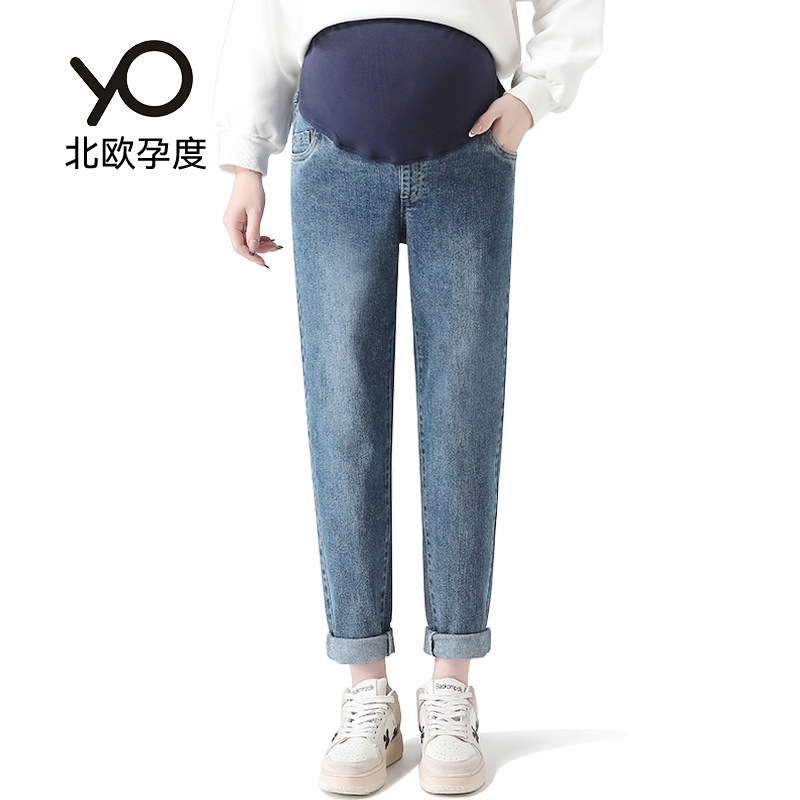 北欧孕度孕妇裤子春秋外穿牛仔裤春秋外穿宽松休闲直筒长裤老爹裤