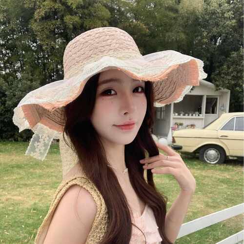 香港高端夏季海边沙滩户外草帽女蕾丝蝴蝶结遮阳防晒帽防紫外线太