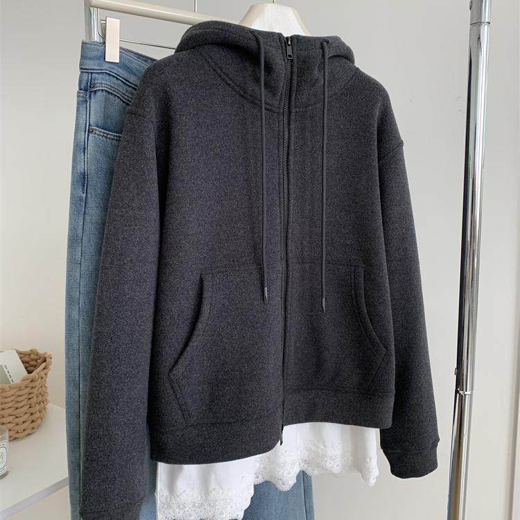 重磅加厚深灰色卫衣外套女气质慵懒保暖百搭早春韩版连帽拉链开衫