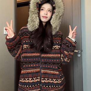 法式费尔岛提花毛领外套女款冬季加厚高级感保暖慵懒宽松加绒上衣