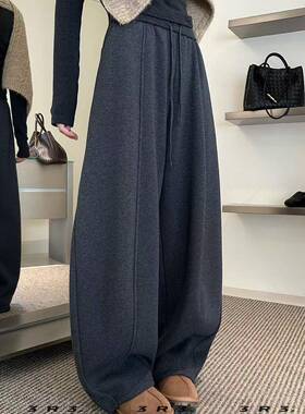 加绒阔腿裤女2025冬新款韩版松紧腰加厚弯刀裤休闲卫裤长裤66365
