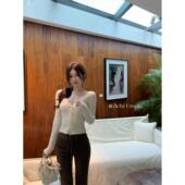 开衫 显瘦长袖 上衣 女气质修身 ACHI大也池蕾丝边V领白色针织打底衫