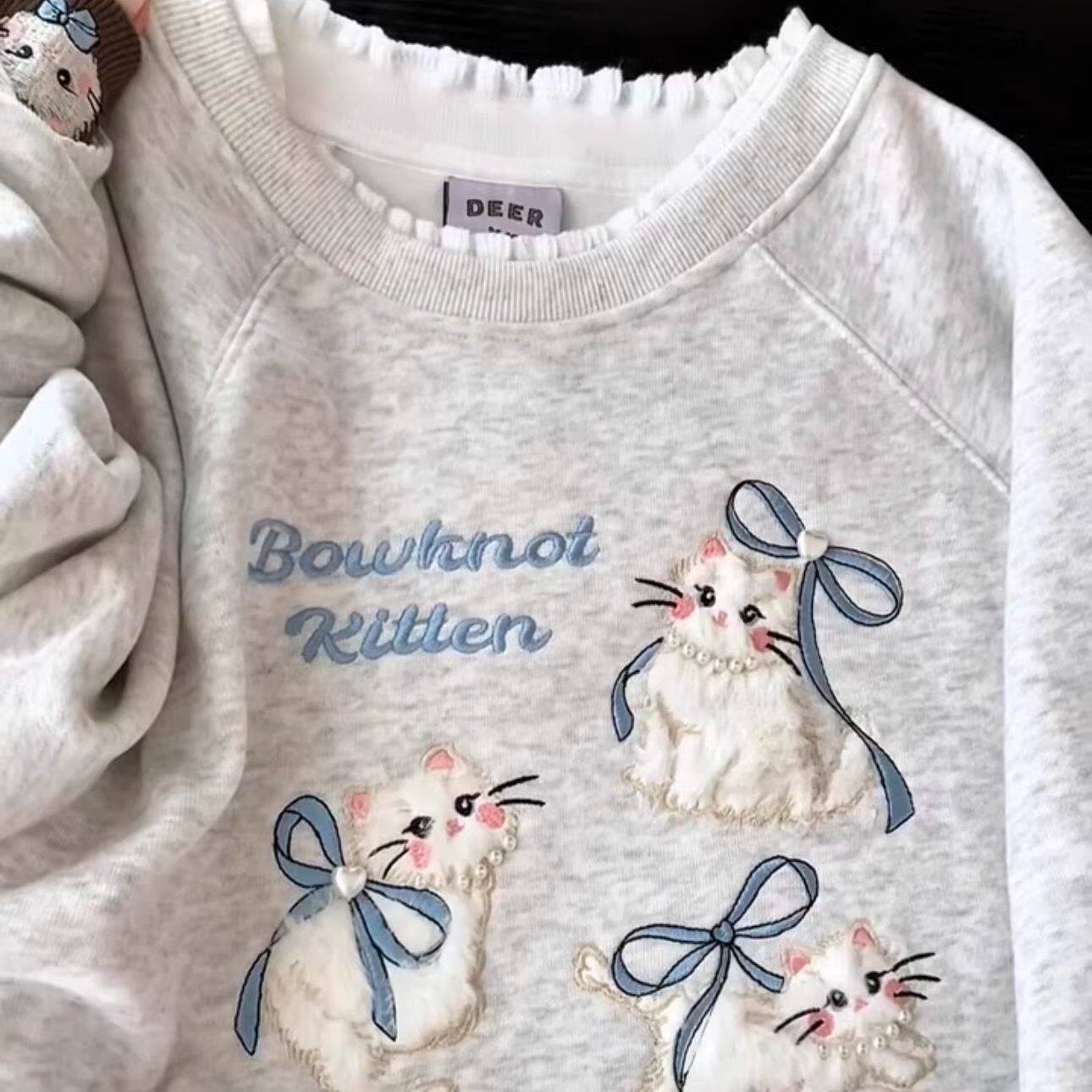 可爱猫咪刺绣钉珠卫衣女大童春秋冬初中生高中少女感无帽圆领上衣