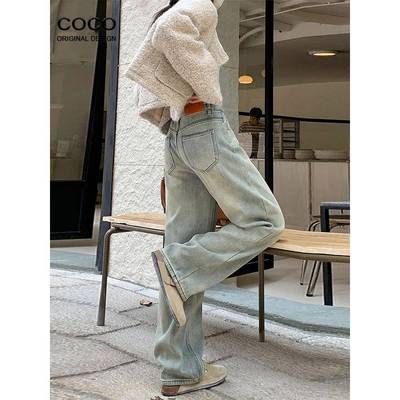 韩版蓝色显瘦高腰直筒牛仔裤女2024秋冬新款宽松保暖加绒阔腿裤潮