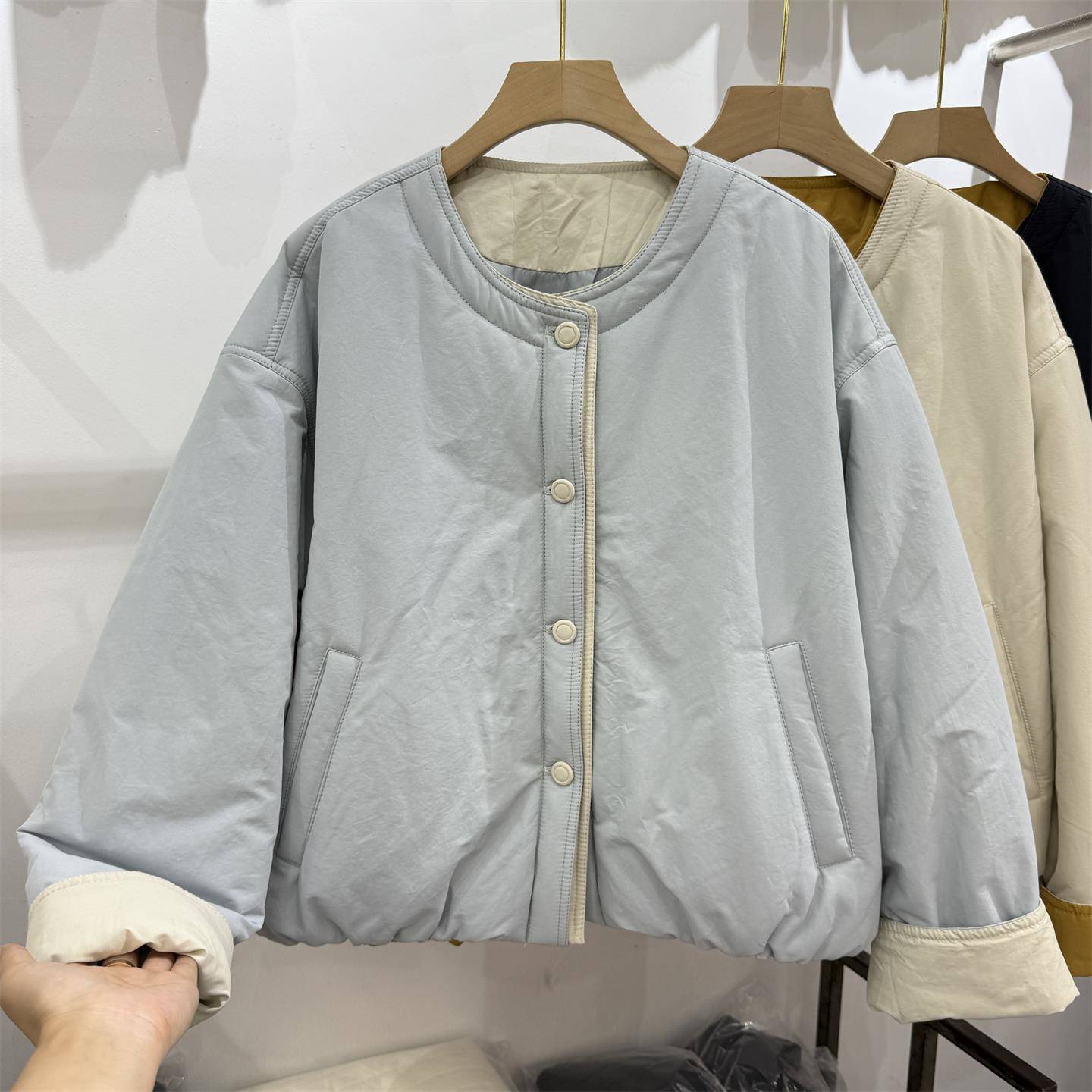 2025秋冬新款韩系拼接撞色圆领棉服女短款宽松保暖小个子夹棉外套