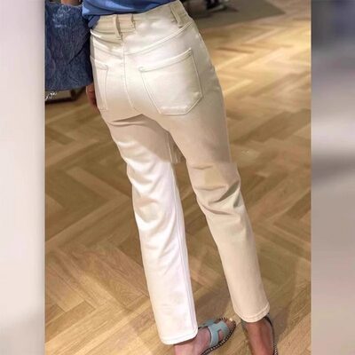 米白色烟管直筒牛仔裤女