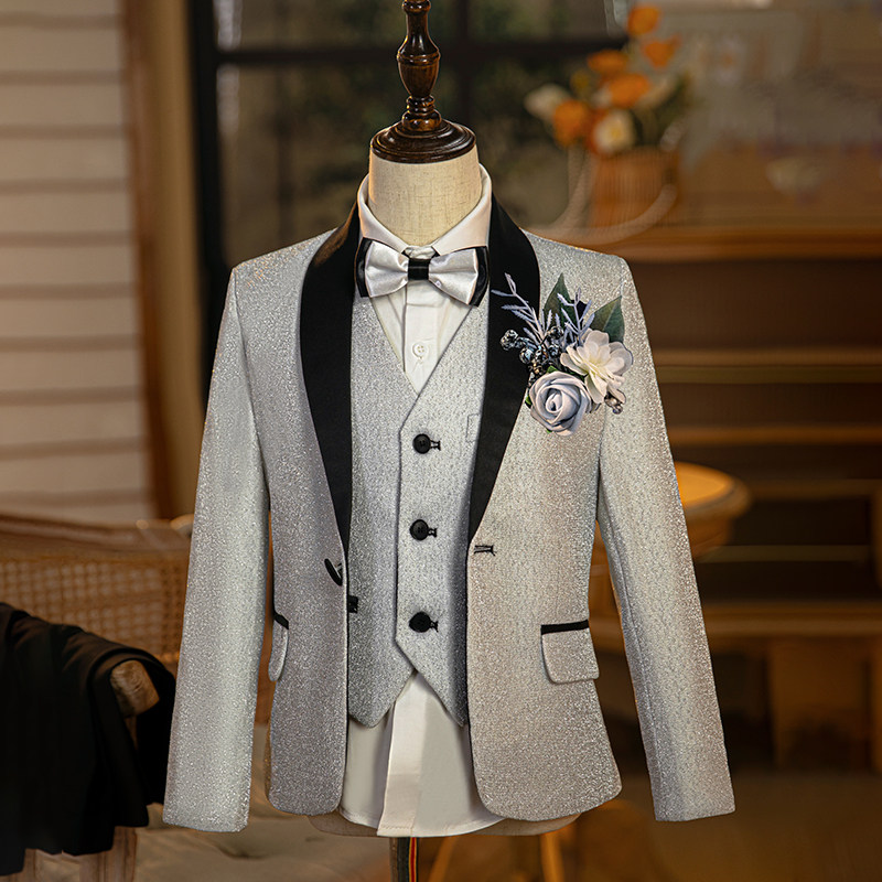 儿童西装套装男童银色亮片舞台晚会走秀主持人礼服花童钢琴演出服