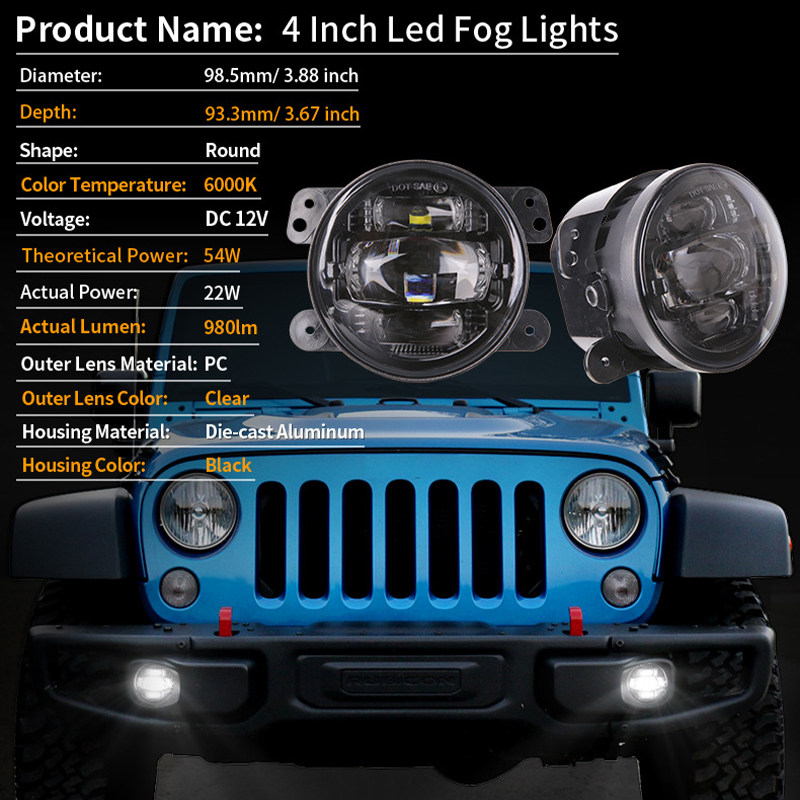 适用于2007-2017年JK牧马人汽车改装4寸熏黑透镜超亮白光LED雾灯