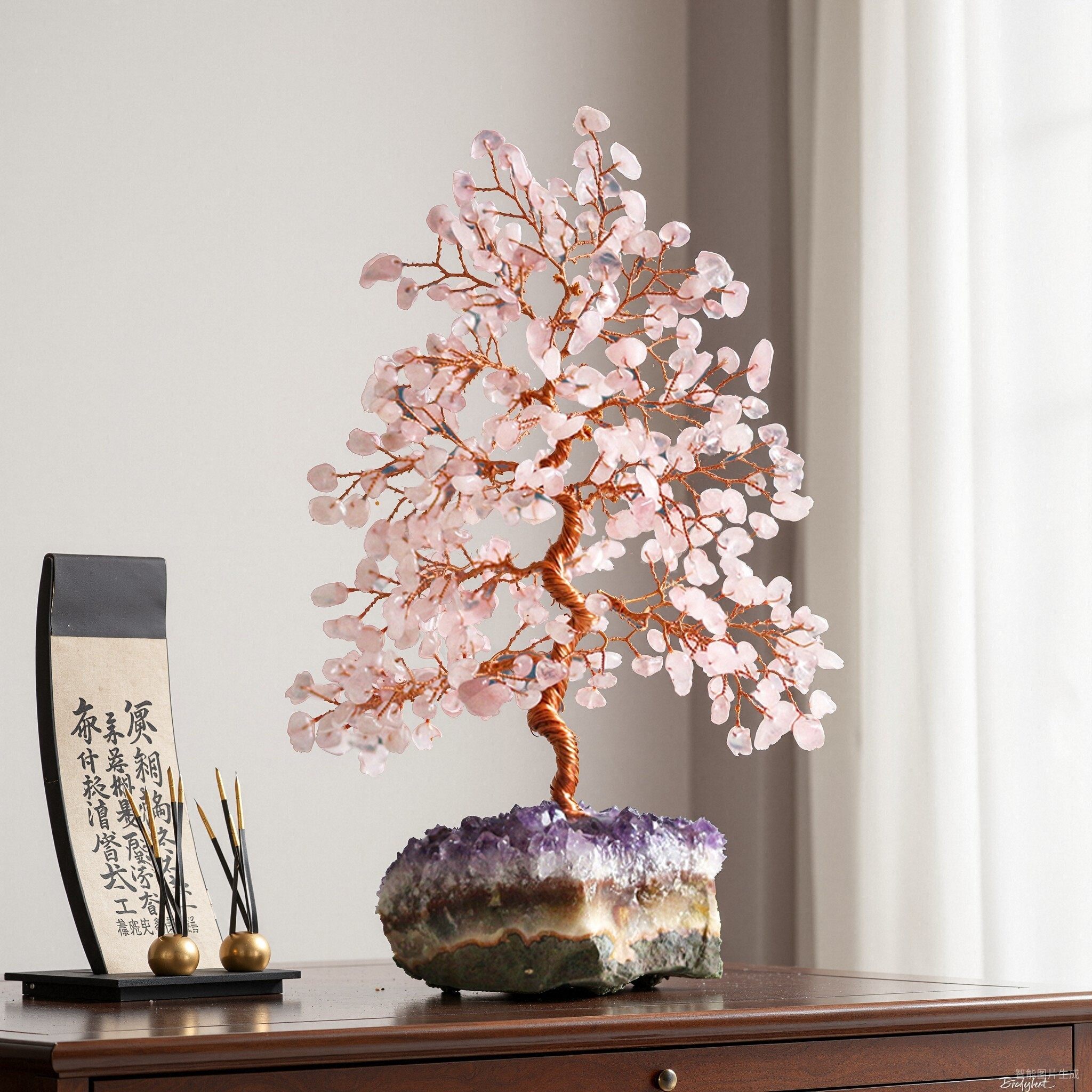 天然黄紫粉水晶发财树摆件碎石紫晶簇原石树家居办公室工艺品摆件