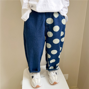 休闲直筒裤 男女童卷边波点撞色秋装 宝宝长裤 韩版 子潮 AB牛仔裤
