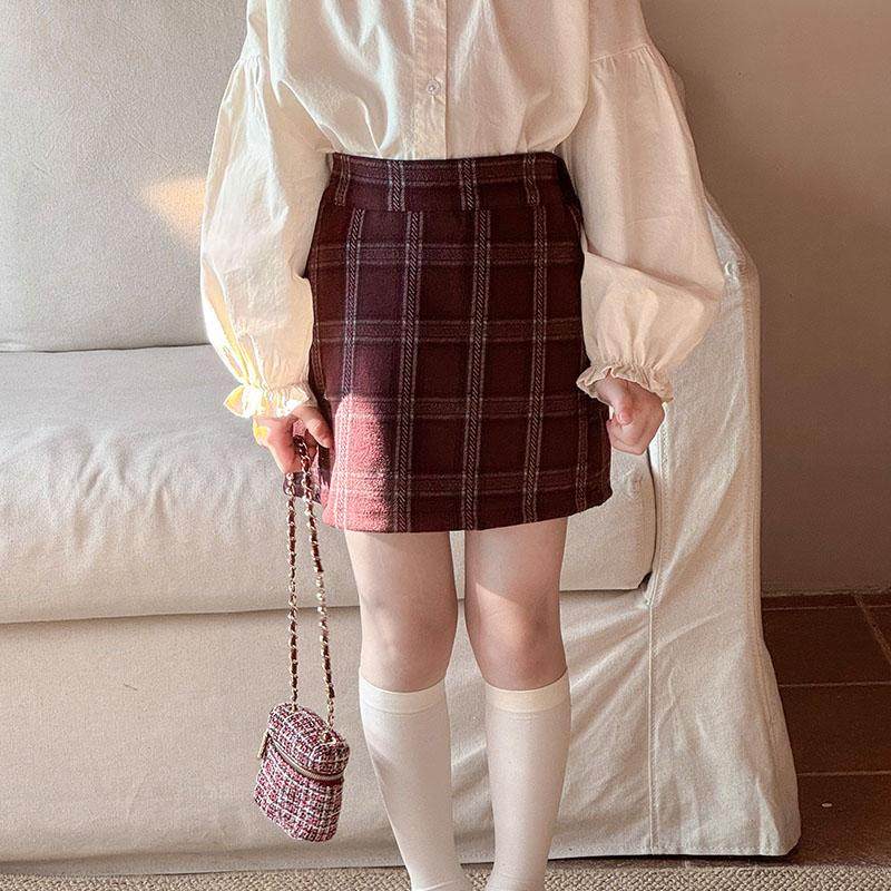 2025春季新品童装女童毛呢格子半身裙宝宝洋气百搭短裙带安全裤