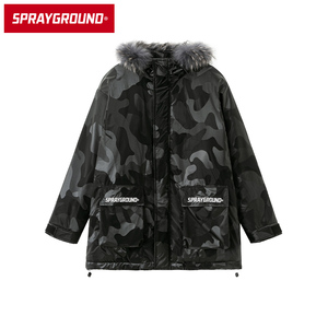 SprayGround冬季新品棉服女毛领外套男SG鲨鱼嘴潮牌通勤百搭保暖