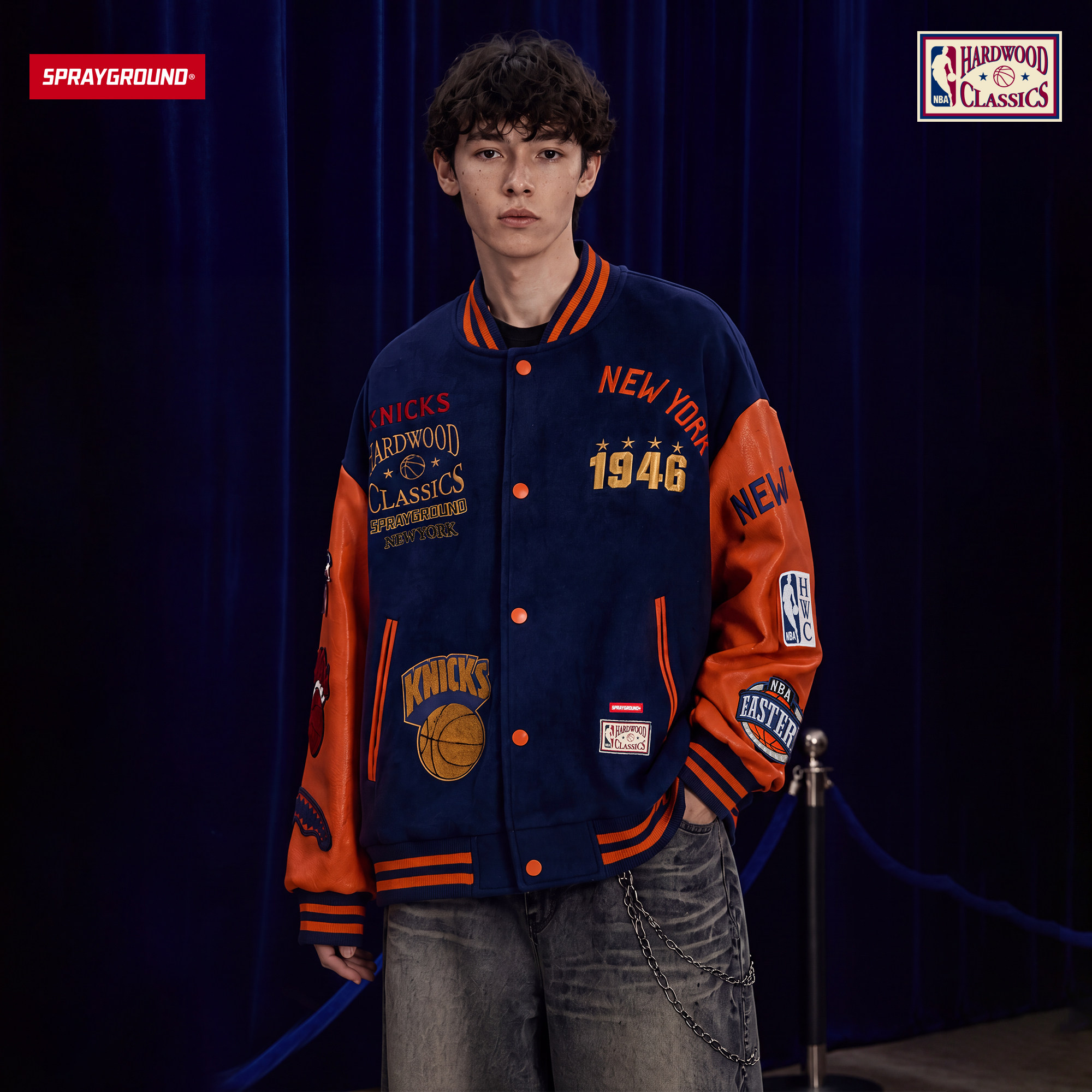 SPRAYGROUND | NBA HWC联名系列 尼克斯队藏青橙拼色复古棒球夹克
