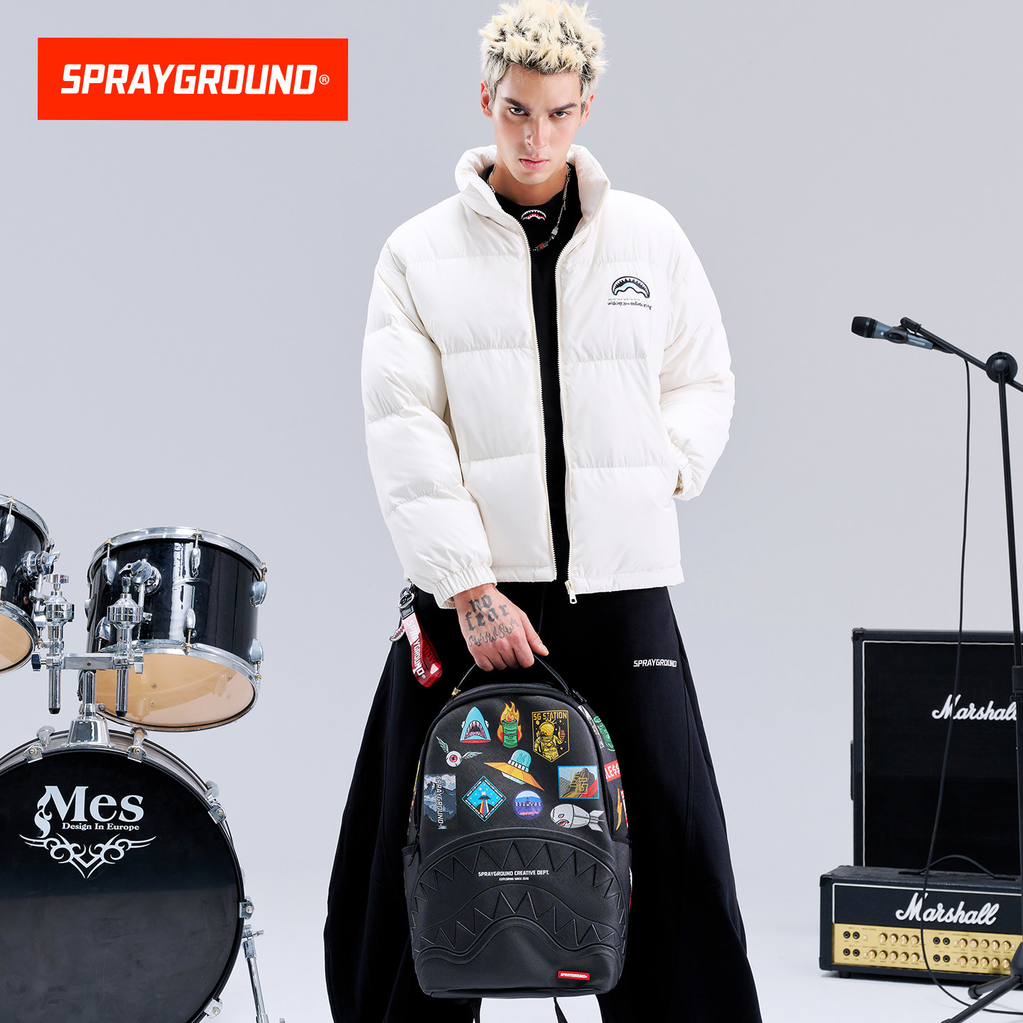 SprayGround鲨鱼嘴2025新款卡通徽章双肩包男女大容量背包书包
