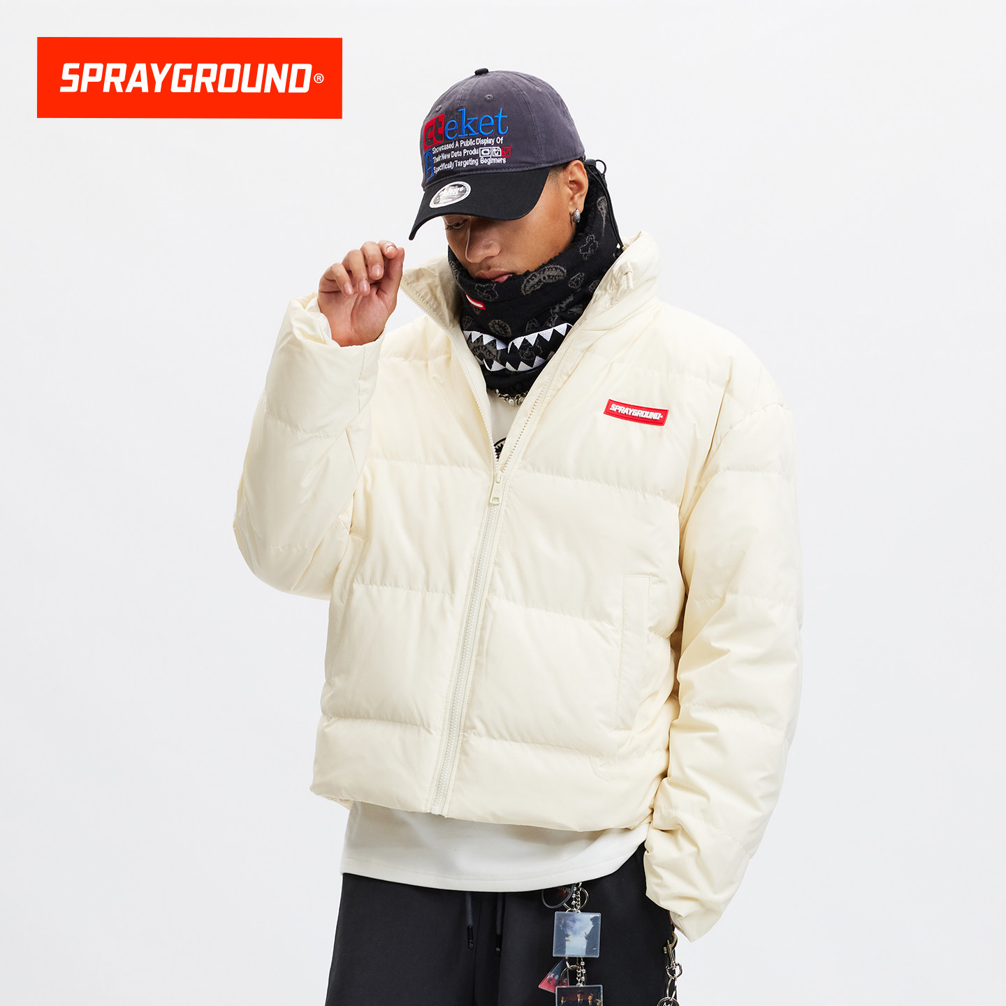 SprayGround鲨鱼嘴90白鸭绒羽绒服男25冬保暖防寒立领情侣面包服