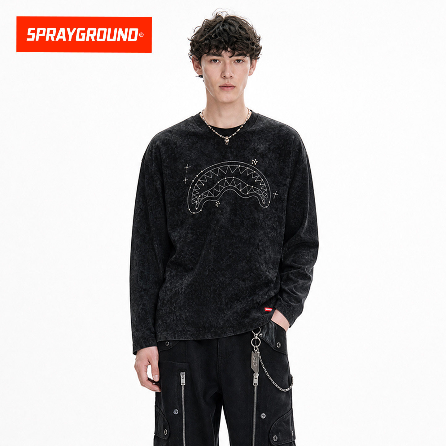 SprayGround鲨鱼嘴水洗做旧复古休闲上衣宽松圆领打底衫长袖T恤