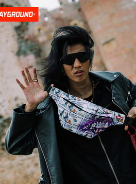 SprayGround新款紫色美金满印鲨鱼嘴斜挎包潮牌单肩胸包时尚腰包