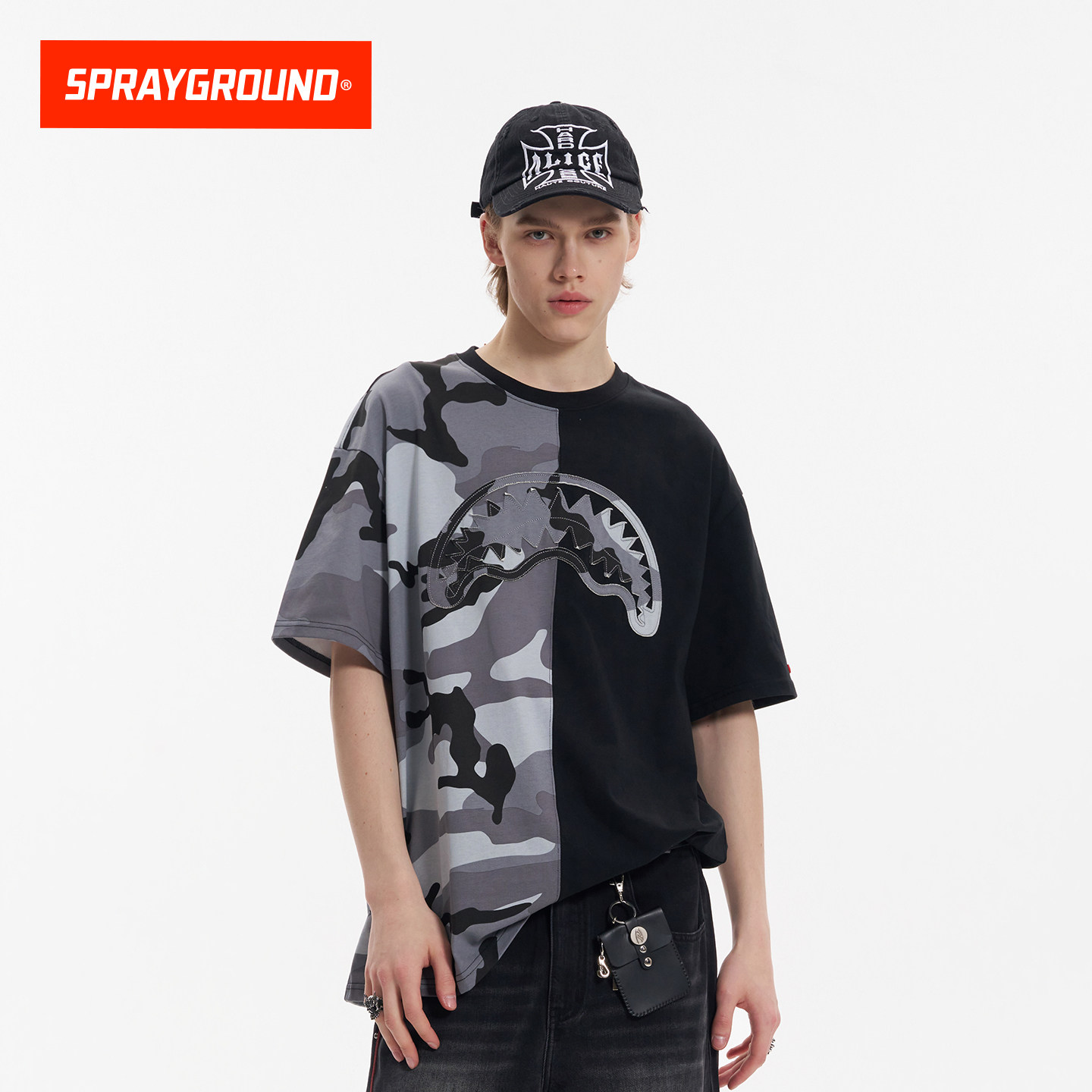 SprayGround鲨鱼嘴2026夏款迷彩拼接短袖T恤男宽松半袖体恤上衣潮