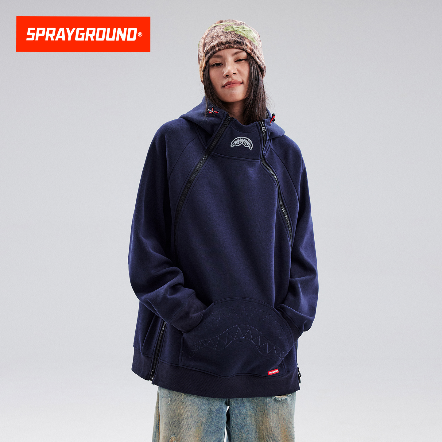 SprayGround鲨鱼嘴双拉链卫衣男宽松25秋季连帽重磅情侣上衣帽衫