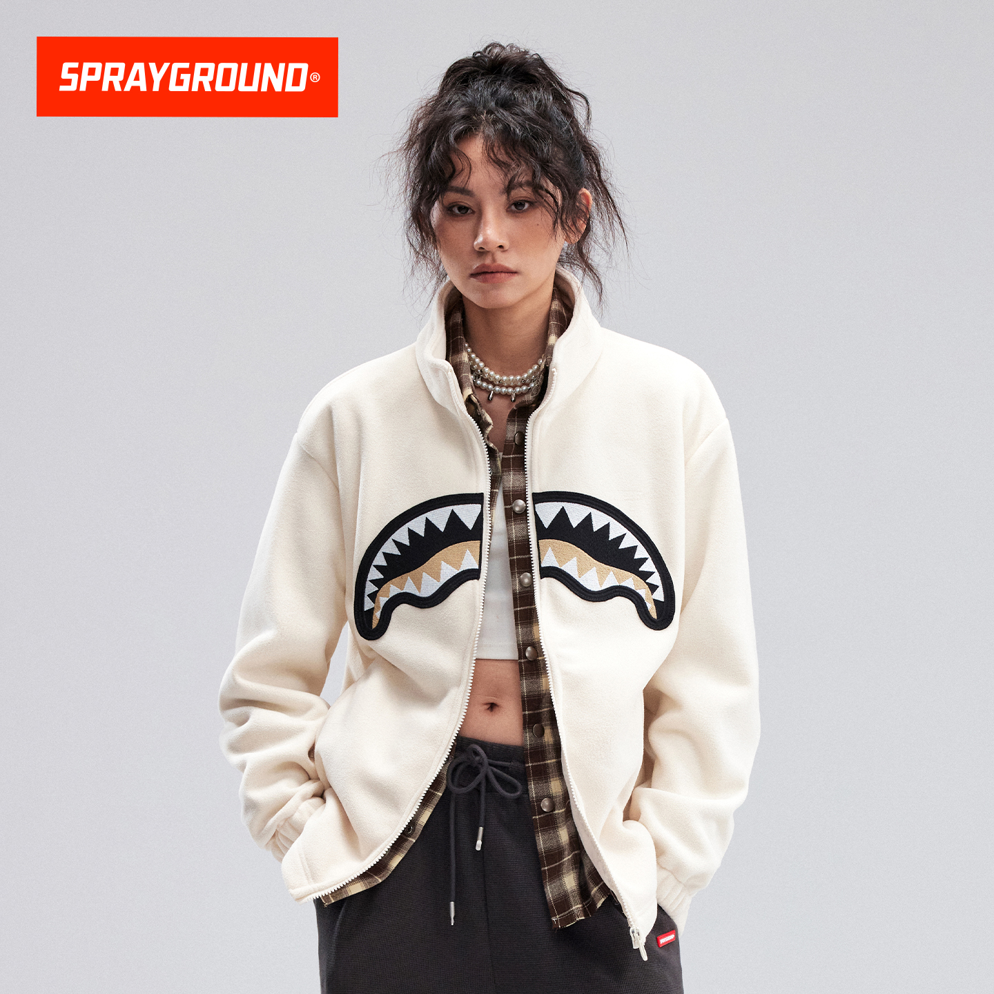 SprayGround鲨鱼嘴保暖立领摇粒绒抓绒衣男2025冬季保暖夹克外套