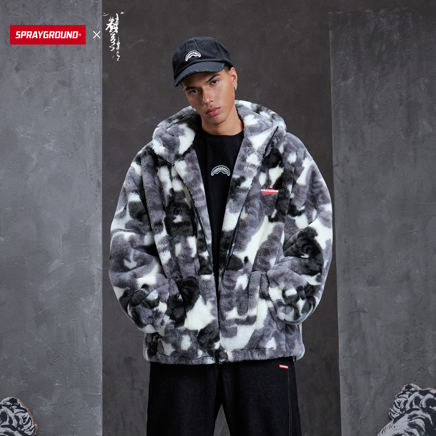 虫师联名 SprayGround鲨鱼嘴水墨扎染毛毛棉服外套男冬季连帽棉衣